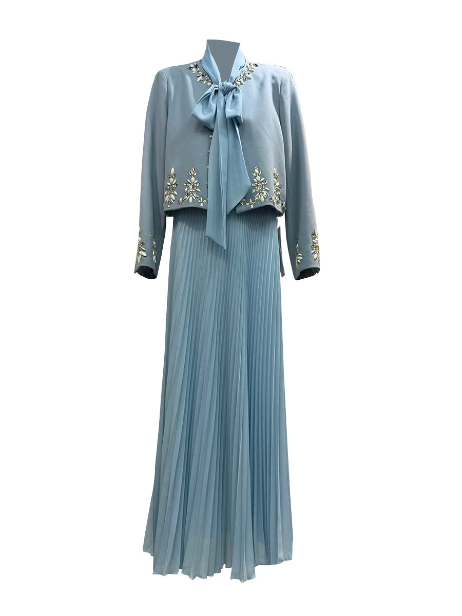 Two Piece Set For Women O Neck Long Sleeve Spliced Diamonds Coat Lace Up Sleeveless High Waist Dress Sets Female