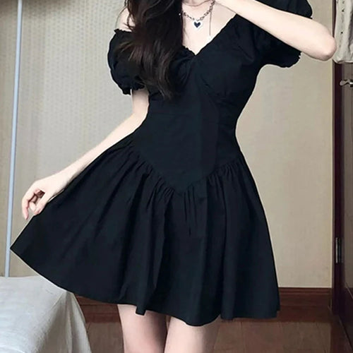 Load image into Gallery viewer, Summer Solid Color V-neck Women&#39;s Dresses Puff Sleeve Slim Fashion Female Streetwear French Style Elegant Mini Dresses
