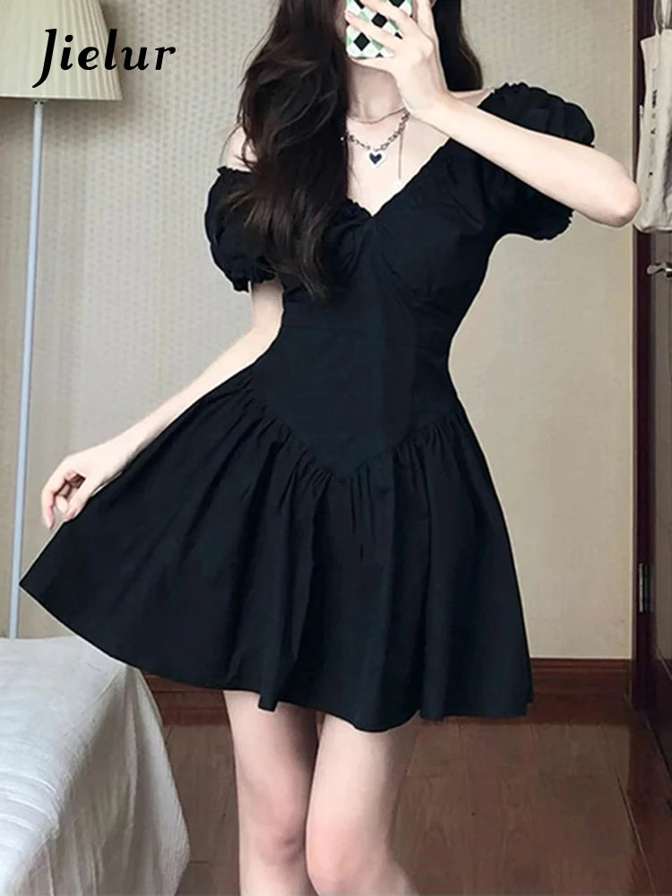 Summer Solid Color V-neck Women's Dresses Puff Sleeve Slim Fashion Female Streetwear French Style Elegant Mini Dresses