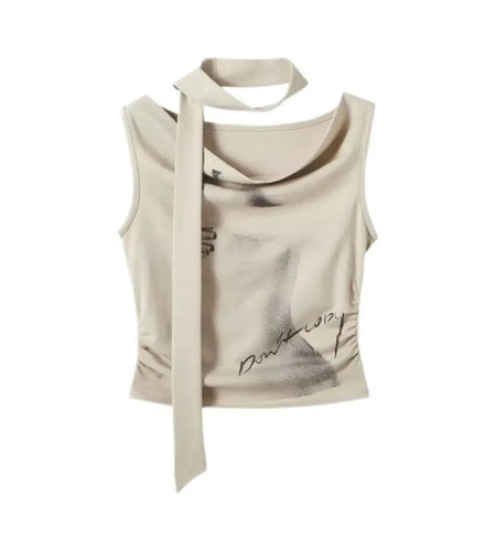 Woman Tshirts Print Tunic Sleeve Tees Crop Tops 2023 Ropa Mujer Fashion Summer Y2k T Shirt Korean Sexy Sleeveless Folds T-shirt