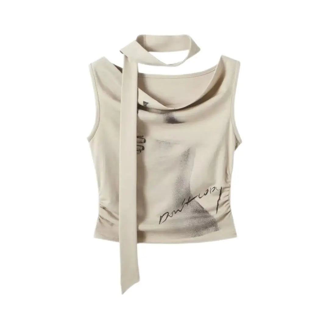 Woman Tshirts Print Tunic Sleeve Tees Crop Tops 2023 Ropa Mujer Fashion Summer Y2k T Shirt Korean Sexy Sleeveless Folds T-shirt