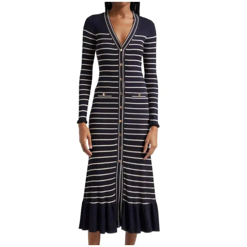 Retro Women Black Beige Striped Single Breasted Slim Knit Dress Autumn Winter Long Sleeve V Neck Elegant Office Ruffles Dresses