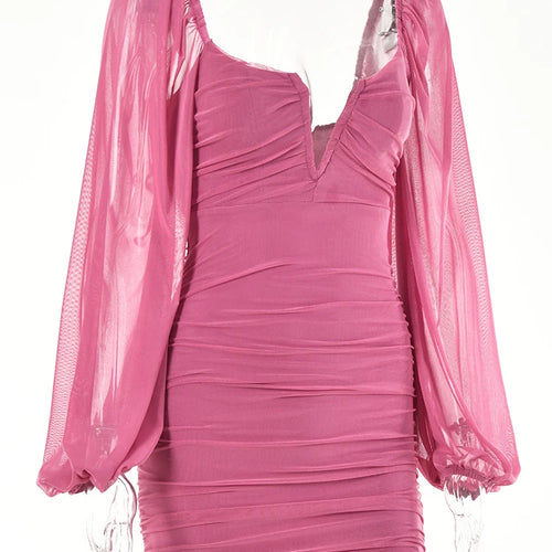 Load image into Gallery viewer, Backless Pleated Dress Women New Year 2022 Elegant Casual Solid Double Layer Mesh Mini Evening Dresses Female Clothing
