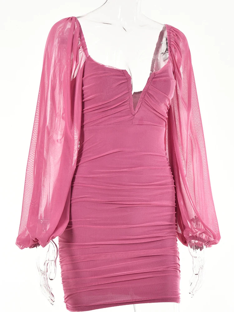 Backless Pleated Dress Women New Year 2022 Elegant Casual Solid Double Layer Mesh Mini Evening Dresses Female Clothing