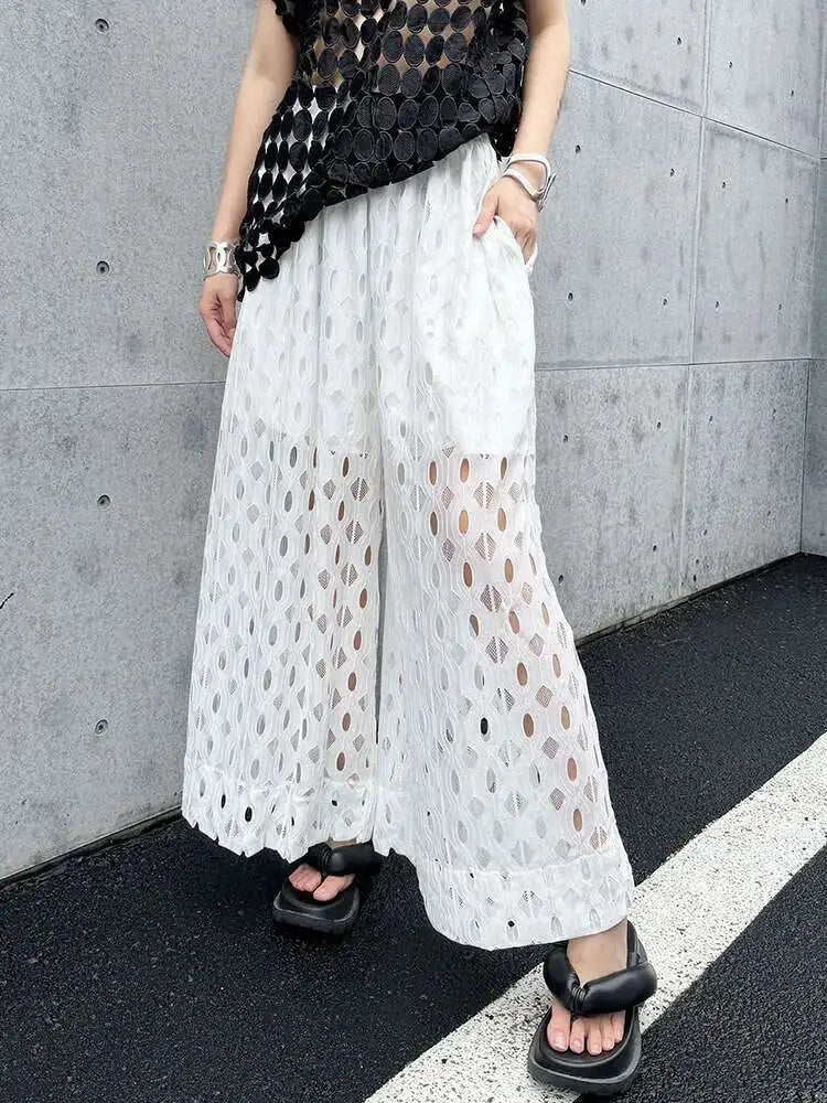High Elastic Waist Black Lace Hollow Out Long Wide Leg Pants New Trousers Women Fashion Tide Spring Autumn 2025 1DH5969