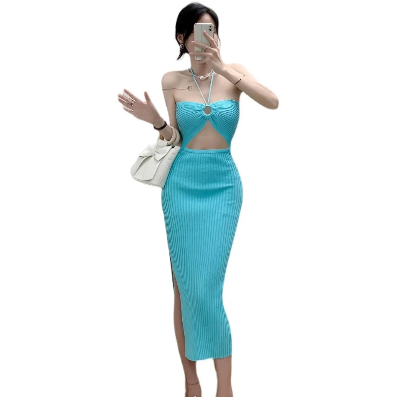 Women's Solid Elegant Sexy Club Slim Hollow Out Halter Lace-up Split Long Dress Summer Vacation Backless Knitted Party Dress
