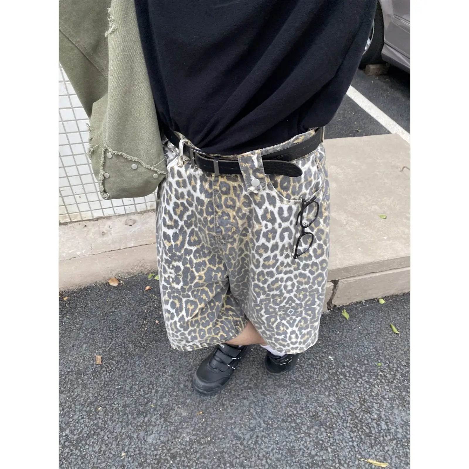 Retro Leopard Print Denim Shorts for Women New Bottoms Streetwear Fashion Casual Y2k Wide Leg Pants Pantalones Cortos De Mujer