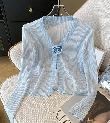 2025 Sping Summer New Women Solid Fashion V-neck Flower Decoration Long Sleeve Cardigan Knitted Tops Sun Protection Clothes Chic