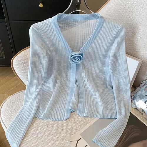 Load image into Gallery viewer, 2025 Sping Summer New Women Solid Fashion V-neck Flower Decoration Long Sleeve Cardigan Knitted Tops Sun Protection Clothes Chic
