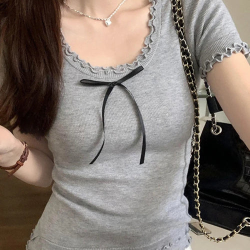 Load image into Gallery viewer, Y2k Aesthetic Summer Apricot Sweet Bow Tees 2025 Vintage Knitted Ruffled Fairy Tshirts Women Harajuku Grunge Slim Fit Thin Tops
