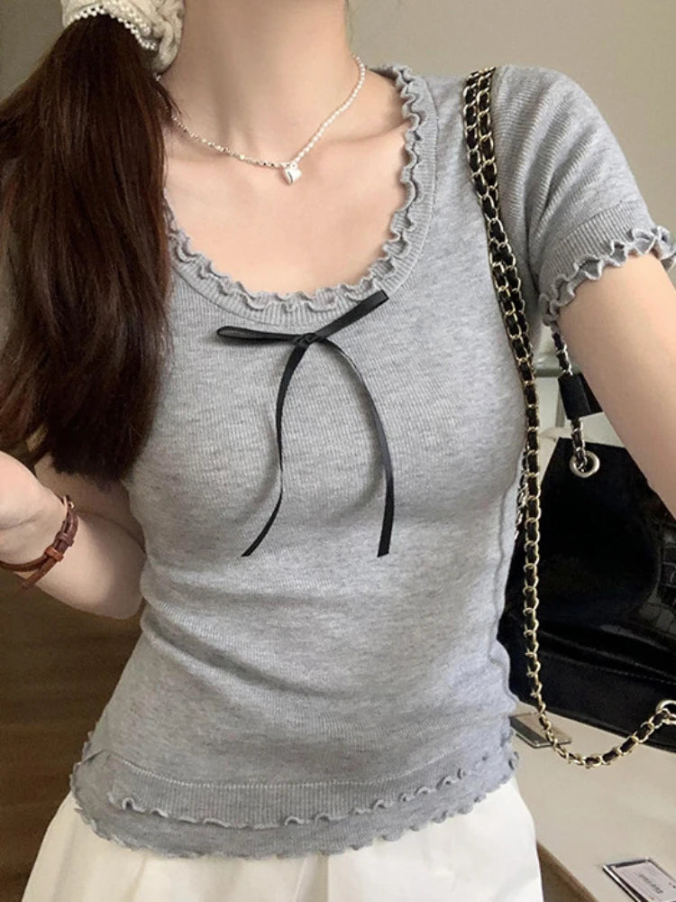 Y2k Aesthetic Summer Apricot Sweet Bow Tees 2025 Vintage Knitted Ruffled Fairy Tshirts Women Harajuku Grunge Slim Fit Thin Tops