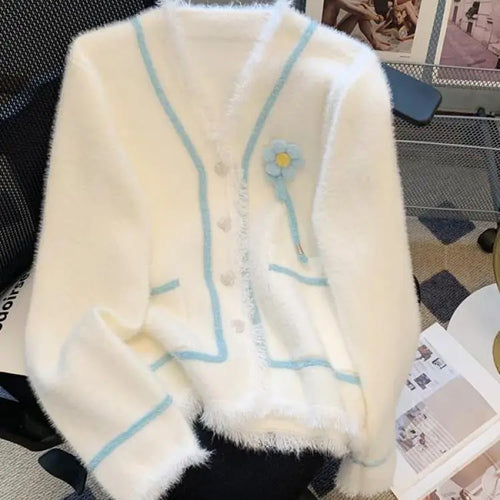 Load image into Gallery viewer, Autumn Winter Pink Blue Patchwork Elegant Button Knit Cardigan Tops Women Korean Fashion V-neck High Street Long Sleeve Sweater
