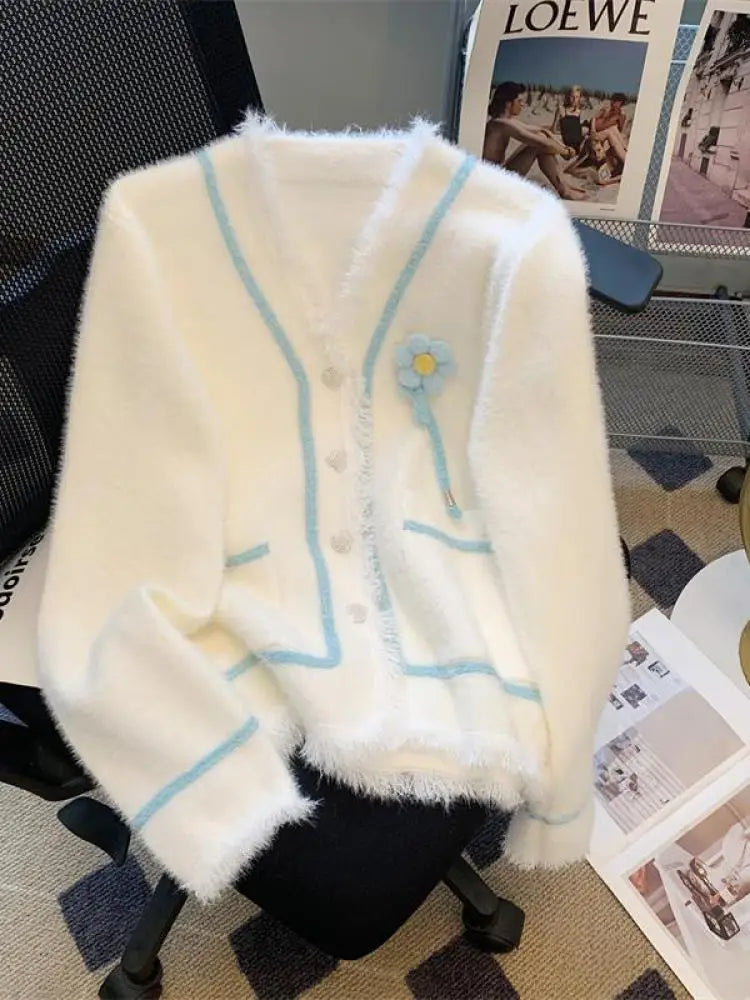 Autumn Winter Pink Blue Patchwork Elegant Button Knit Cardigan Tops Women Korean Fashion V-neck High Street Long Sleeve Sweater