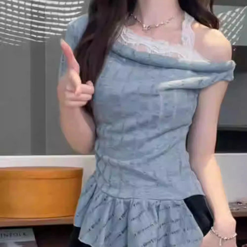 Load image into Gallery viewer, Y2k Aesthetic Lace Patchwork Slim Tshirts Women Harajuku Skew Collar Halter T-shirt 2025 Streetwear Irregular Ruffled Tees Femme
