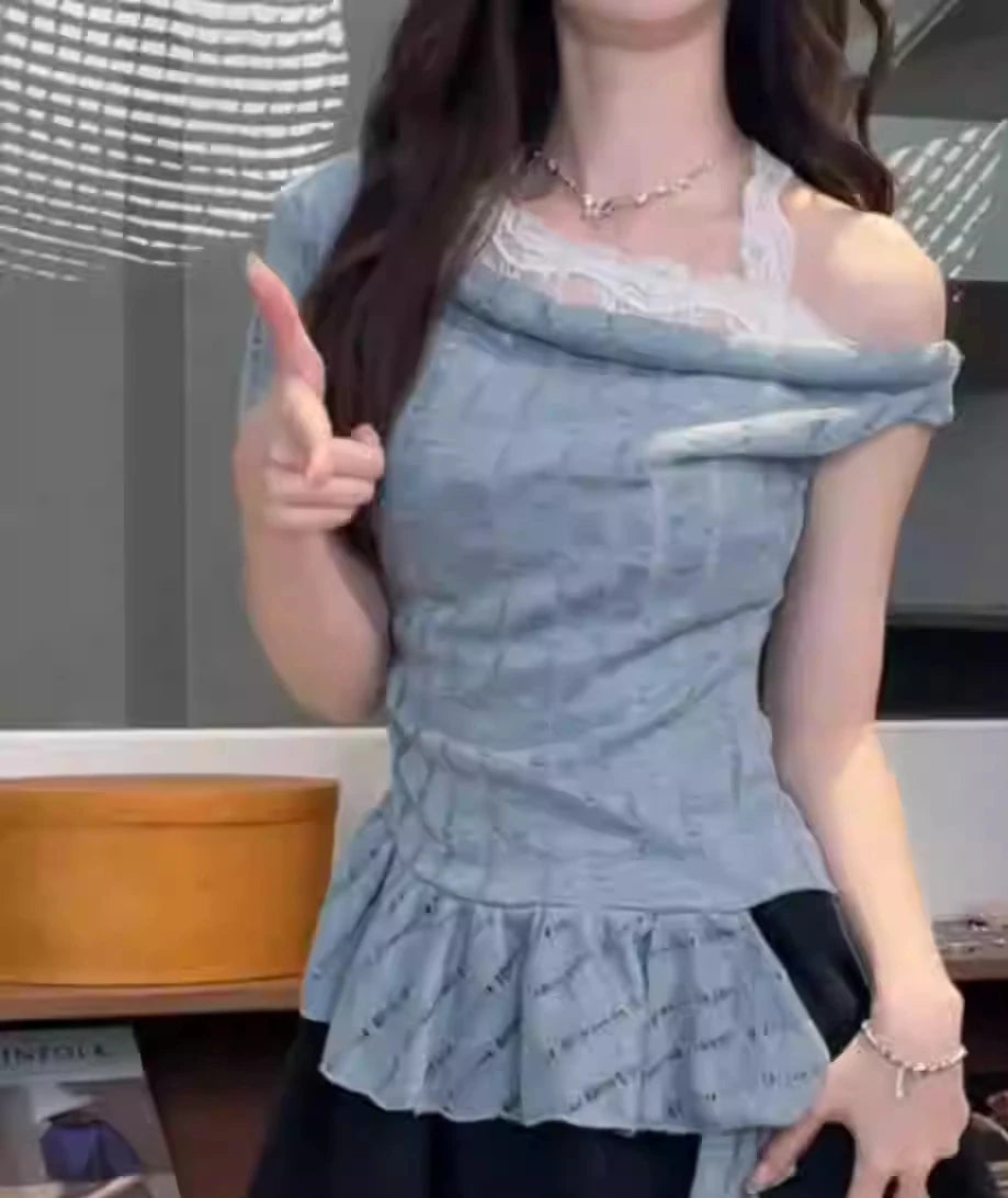 Y2k Aesthetic Lace Patchwork Slim Tshirts Women Harajuku Skew Collar Halter T-shirt 2025 Streetwear Irregular Ruffled Tees Femme