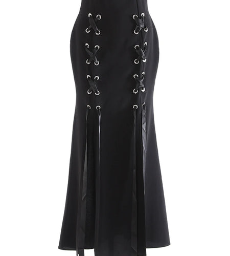 High Waist Black Bandage Slit Chiffon Long Mermaid Half-body Skirt Women Fashion Tide New Spring Autumn 2025 1DJ0911