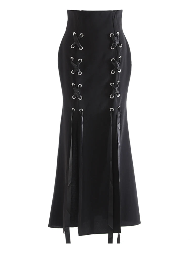High Waist Black Bandage Slit Chiffon Long Mermaid Half-body Skirt Women Fashion Tide New Spring Autumn 2025 1DJ0911