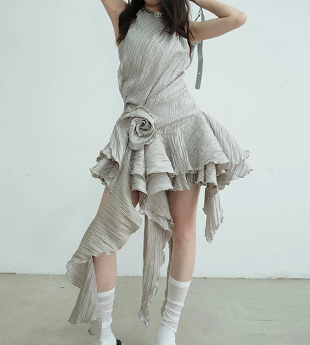 Women Gray Three-dimensional Flower Ruffles Mini Dress New Round Neck Sleeveless Fashion Tide Spring Summer 2025  1DJ0678