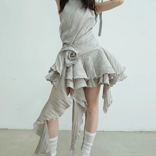 Load image into Gallery viewer, Women Gray Three-dimensional Flower Ruffles Mini Dress New Round Neck Sleeveless Fashion Tide Spring Summer 2025  1DJ0678
