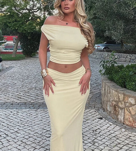Sexy Skirt Two Pieces Sets For Women Sleeveless Slim Fit Off-shoulder Crop Top And Long Skirt Sexy Two Pieces Sets