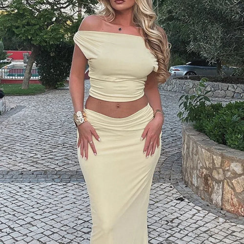 Load image into Gallery viewer, Sexy Skirt Two Pieces Sets For Women Sleeveless Slim Fit Off-shoulder Crop Top And Long Skirt Sexy Two Pieces Sets
