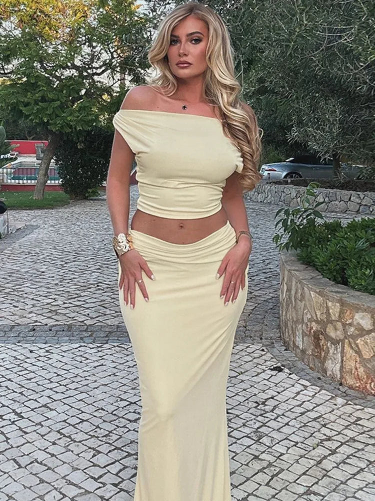 Sexy Skirt Two Pieces Sets For Women Sleeveless Slim Fit Off-shoulder Crop Top And Long Skirt Sexy Two Pieces Sets