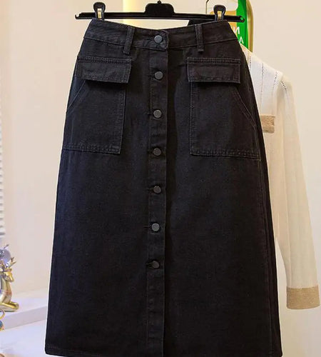 Fashion Autumn Black Denim Skirt Women High Waist Single-breasted Front Slit Jean Skirts With Pockets Oversized A-line Vintage