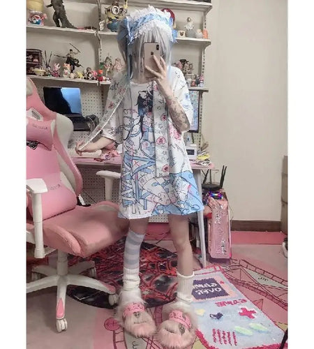 Japanese Women Clothes Fashion Anime Print Tshirts O-neck Short Sleeve Tees Oversized Tops Chic Casual Cute Summer Y2k T Shirt