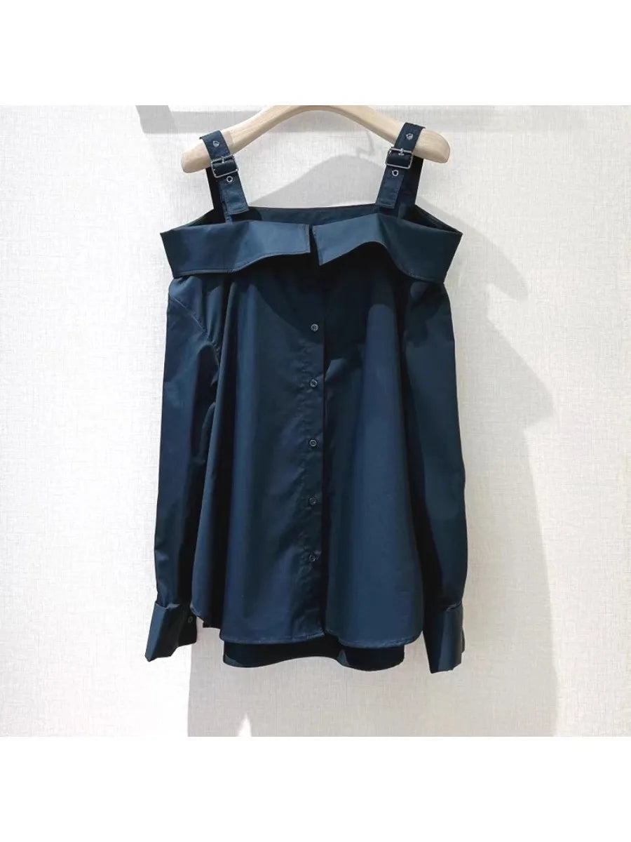 Solid Spliced Button Slimming Shirts for Women Slash Neck Long Sleeve Off Shoulder Blouse Female New