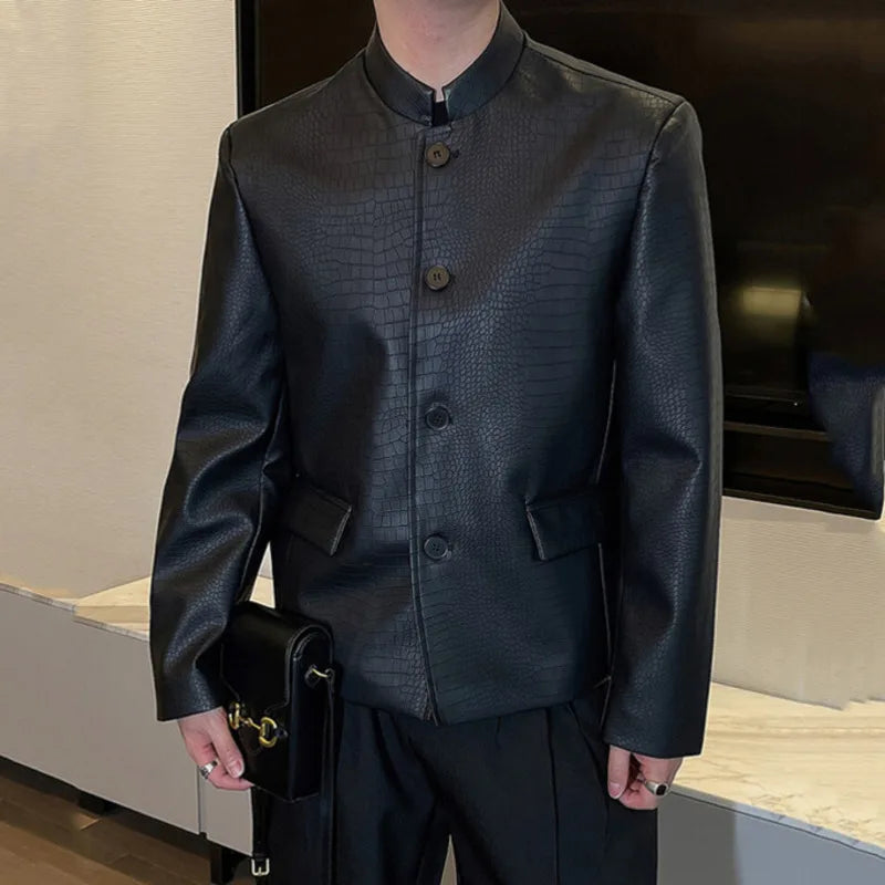 Spring Men's Suit Coat New Chinese Male Solid Color PU Leather Stand Collar Design Single Breasted Stylish Jacket 9W1419