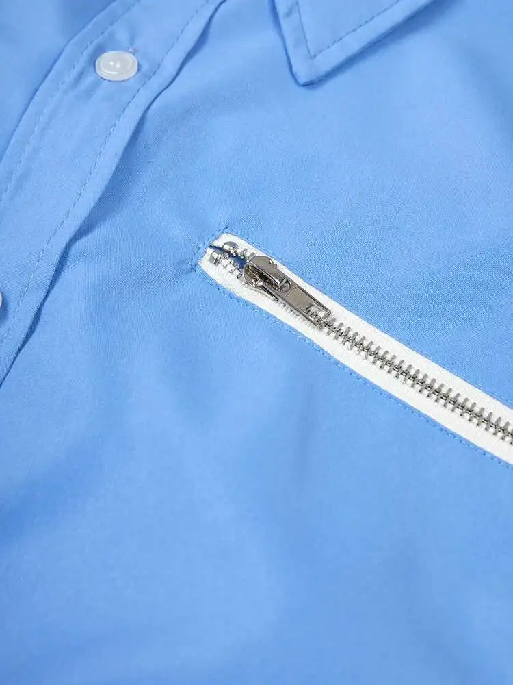 Women Blue Zipper Color-block Big Size Blouse New Lapel Long Sleeve Loose Fit Shirt Fashion Spring Autumn 2025 1DF8121