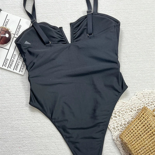 Load image into Gallery viewer, Sexy Black V Neck Women One Piece Swimwear High Waist Backless Monokini Hollow Out Thong Bathing Suit
