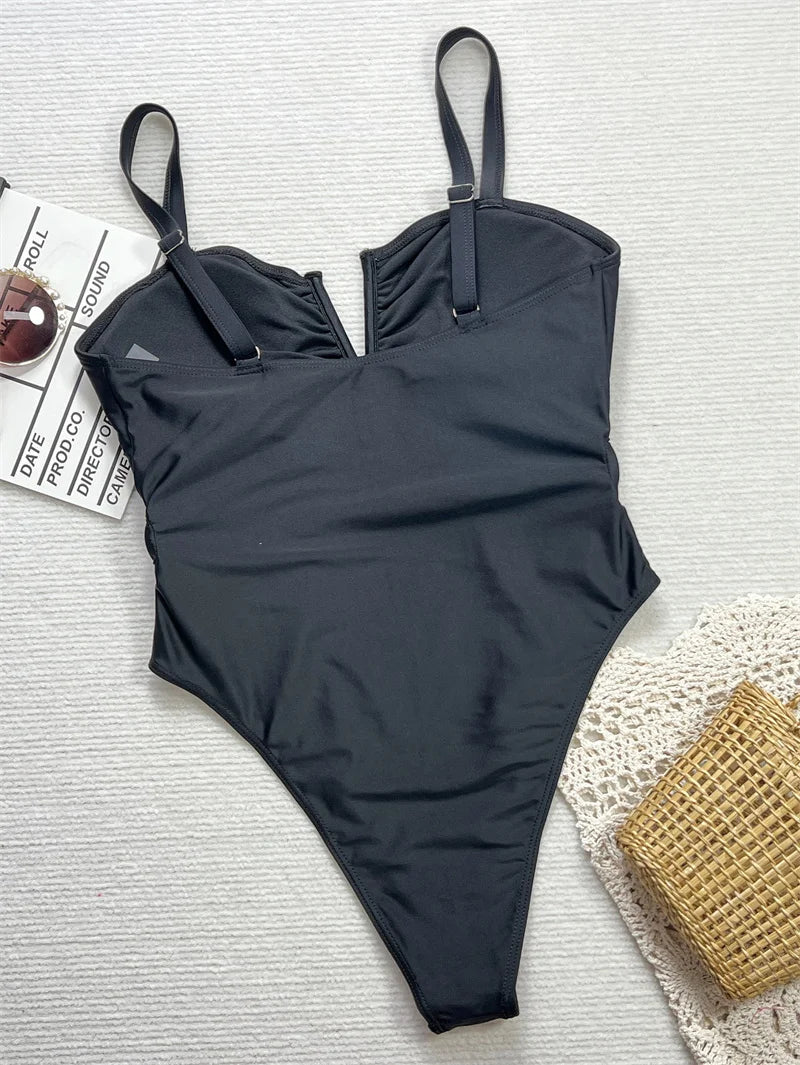 Sexy Black V Neck Women One Piece Swimwear High Waist Backless Monokini Hollow Out Thong Bathing Suit