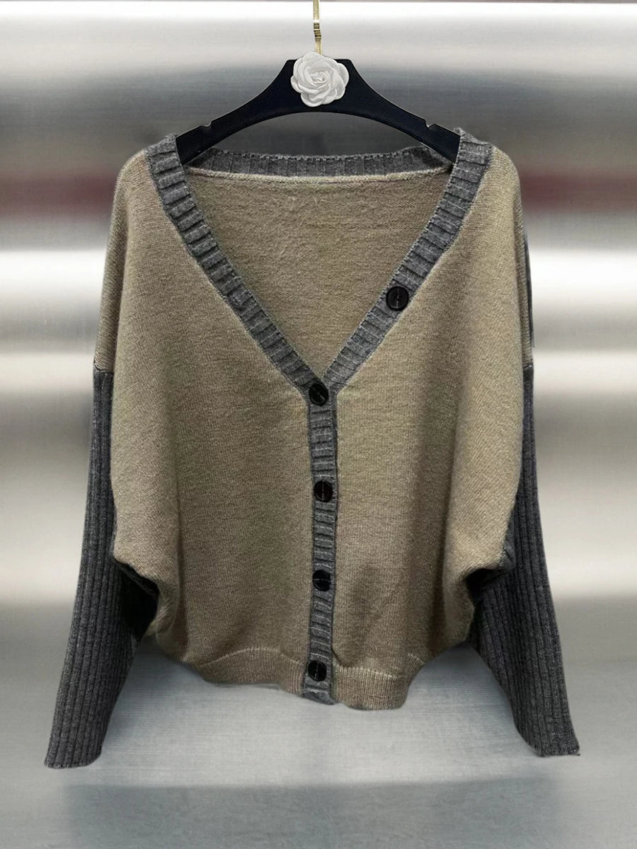 Sexy Patchwork Casual Sweater For Women V Neck Long Sleeve Spliced Single Breasted Chic Knitting Cardigan Female