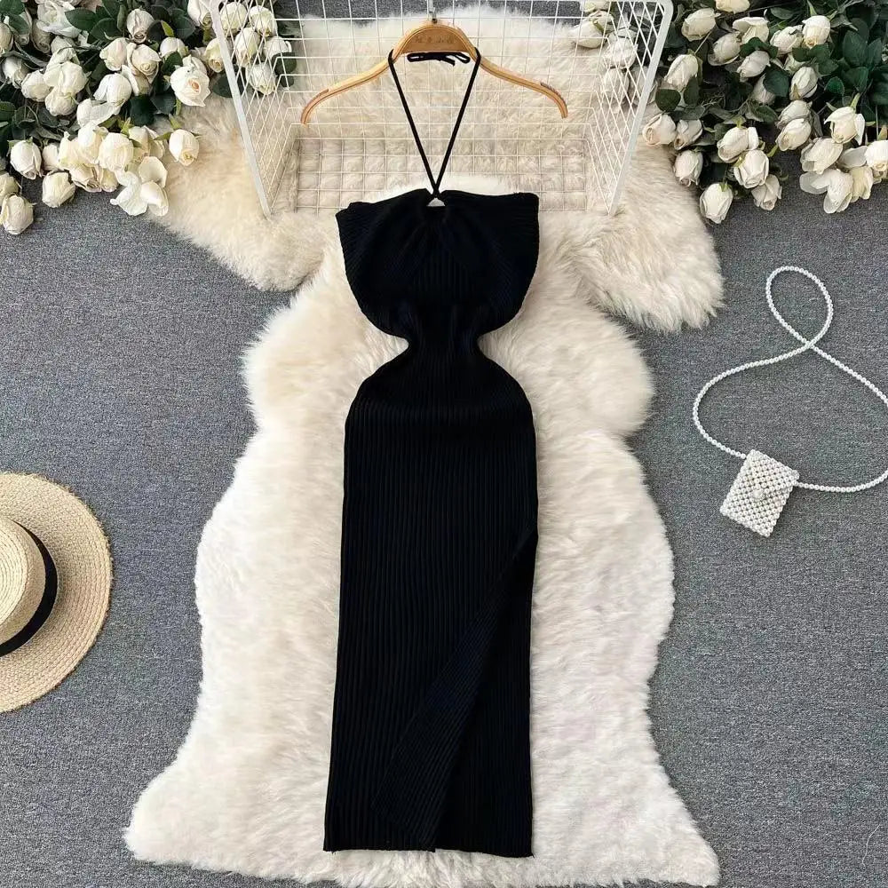 Korean Women's Solid Elegant Sexy Club Slim Wrapped Hip Halter Lace-up Split Long Dress Summer Vacation Knitted Party Dress Chic