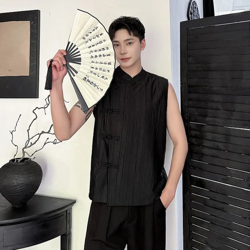 Load image into Gallery viewer, Chinese Style Men&#39;s Tank Tops Pleated Loose Simple Stand Collar Sleeveless Trend Male Tops Summer Vest 9C6116
