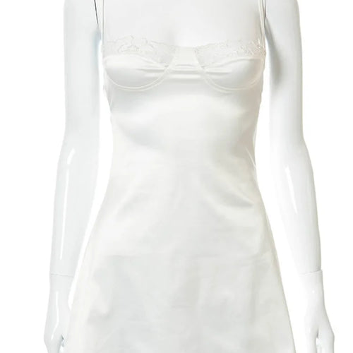 Load image into Gallery viewer, Sexy Satin Spaghetti Strap Lace Patchwork Women Dress Summer New Solid Color Backless Suspender Lace Casual Short Skirt
