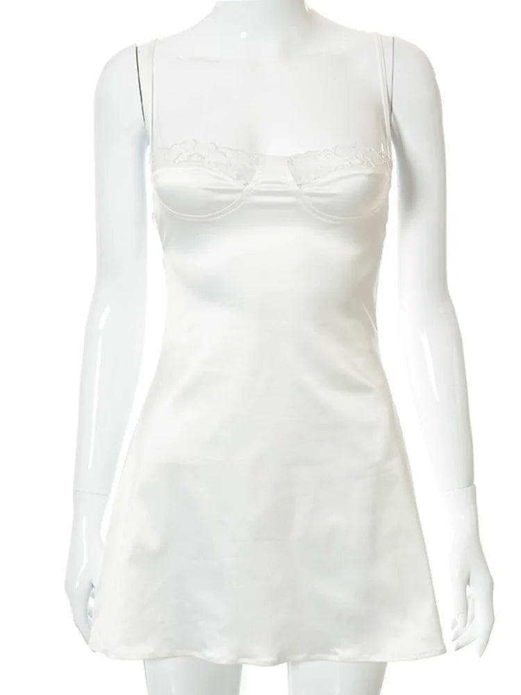 Sexy Satin Spaghetti Strap Lace Patchwork Women Dress Summer New Solid Color Backless Suspender Lace Casual Short Skirt