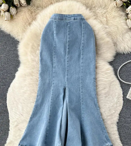 2023 New Women Black Denim Split Long Skirts Autumn High Wasit Blue Mermaid Jeans Skirt Female A-line Ruffled Fishtail Skirt Y2k