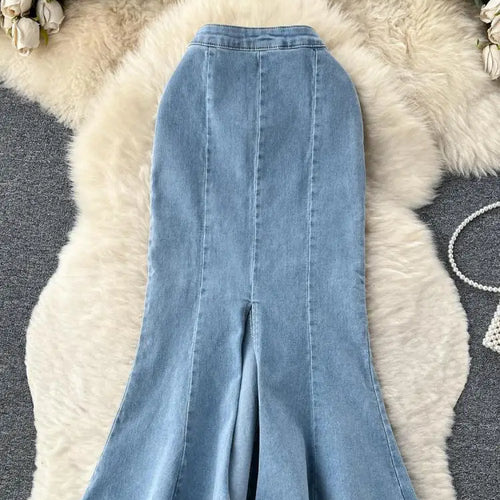 Load image into Gallery viewer, 2023 New Women Black Denim Split Long Skirts Autumn High Wasit Blue Mermaid Jeans Skirt Female A-line Ruffled Fishtail Skirt Y2k
