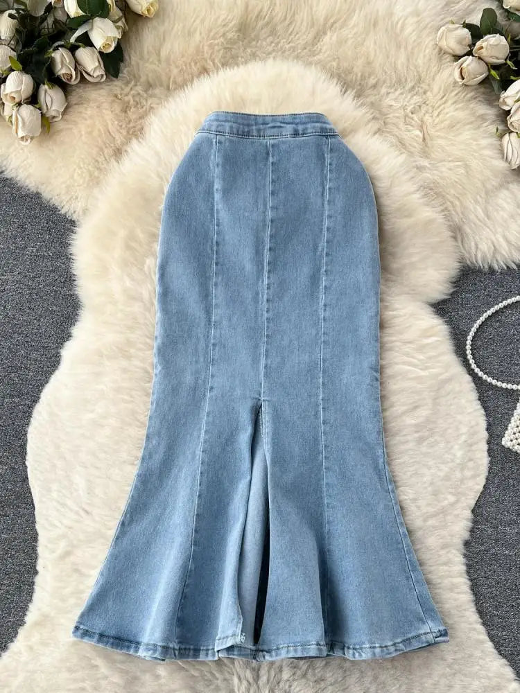 2023 New Women Black Denim Split Long Skirts Autumn High Wasit Blue Mermaid Jeans Skirt Female A-line Ruffled Fishtail Skirt Y2k