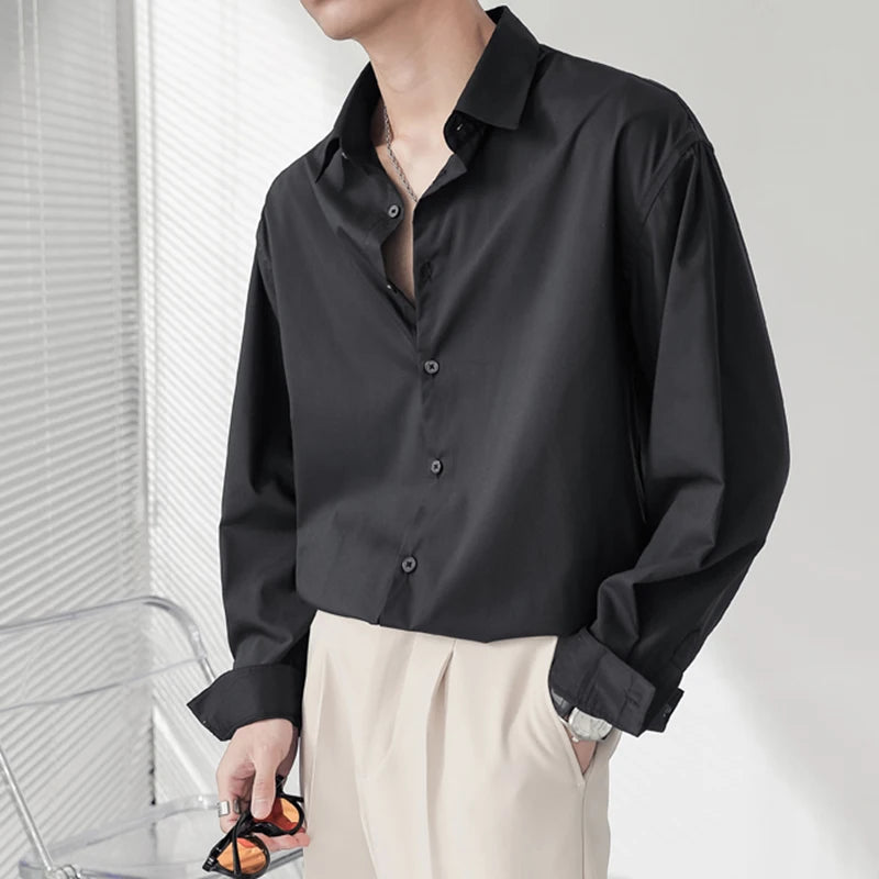 Korean Style Men's Shirts Loose Shoulder Solid Color Trendy Long Sleeved Design Single Breasted Lapel Male Tees 9W1870