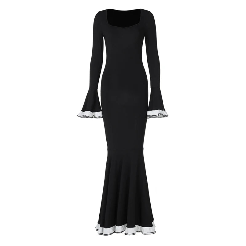 Flare Sleeve Sexy Bodycon Elegant Long Sleeve Maxi Dress Women High Waist Square Collar Evening Dress Female Clothes