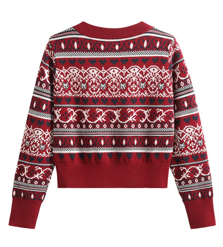 Bohemian Ethnic Style Jacquard Sweater Slim V-neck Long Sleeve Knitted Cardigan Vintage Outerwear Chic Christmas Tops C-036