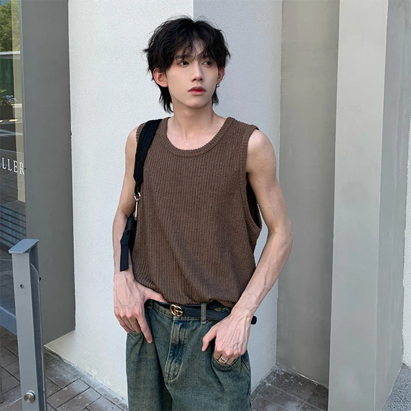 Summer Tank Top Loose Sleeveless Solid Color Round Neck Casual Fashion Personalized Vest Man's Clothing 9C5366