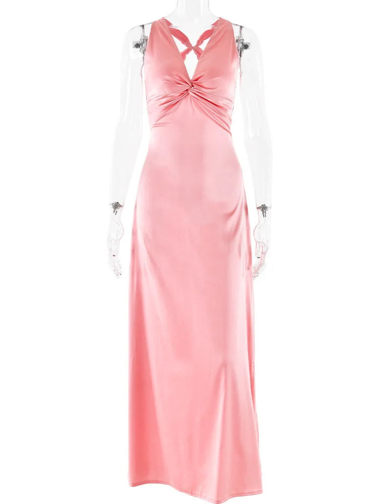 Elegant Sleeveless Satin Bodycon Long Dress Women Sexy Deep V Backless Evening Dress Female Slim Fit Party Club Vestidos