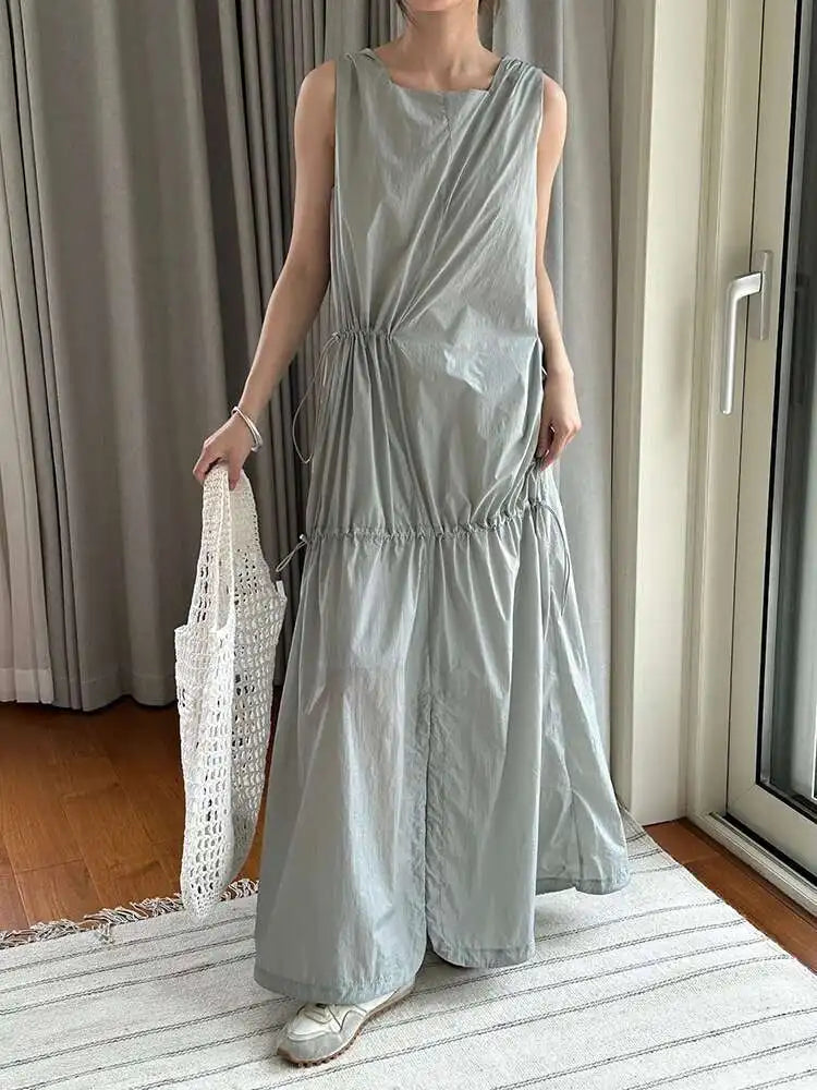 Women White Gray Big Size Long Elegant Thin Dress New Square Collar Sleeveless Fashion Tide Spring Summer 2025 1DH6054