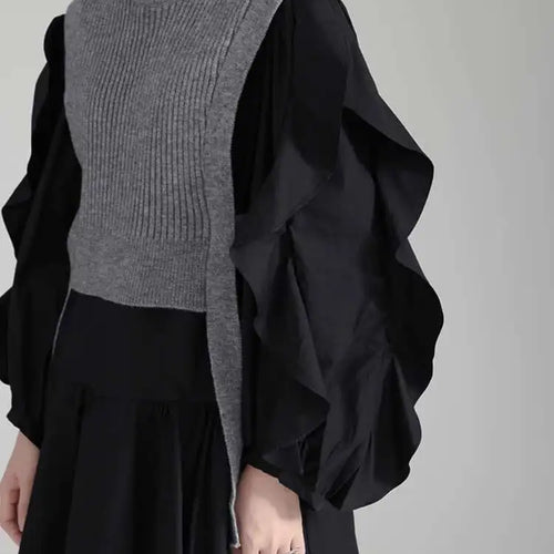 Load image into Gallery viewer, Women Black Knitting Color-block Ruffles Elegant Dress New Round Neck Long Sleeve Fashion Tide Spring Autumn 2025 1DH6758
