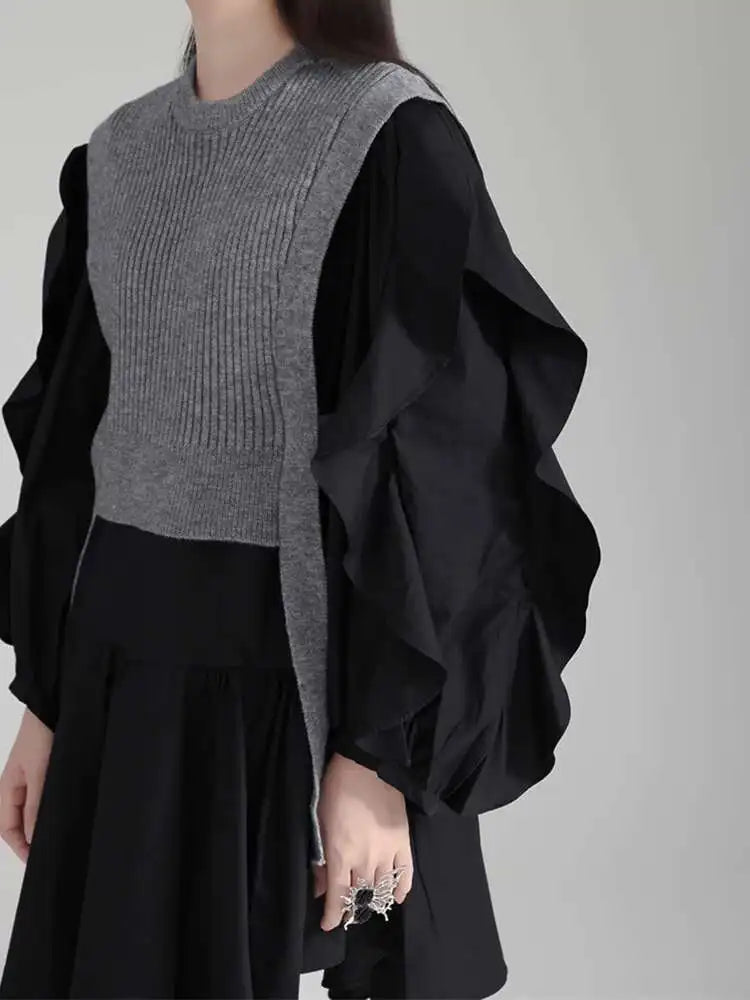 Women Black Knitting Color-block Ruffles Elegant Dress New Round Neck Long Sleeve Fashion Tide Spring Autumn 2025 1DH6758