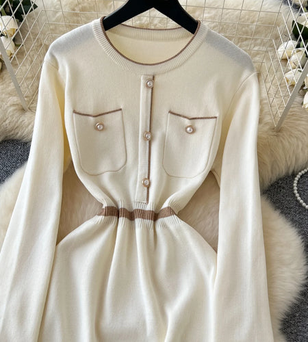 Korean Beige Patchwork Slim Long Sleeve Knitting Midi Dress Women Autumn Winter Round Neck High Waist Elegant Sweater Dress Chic
